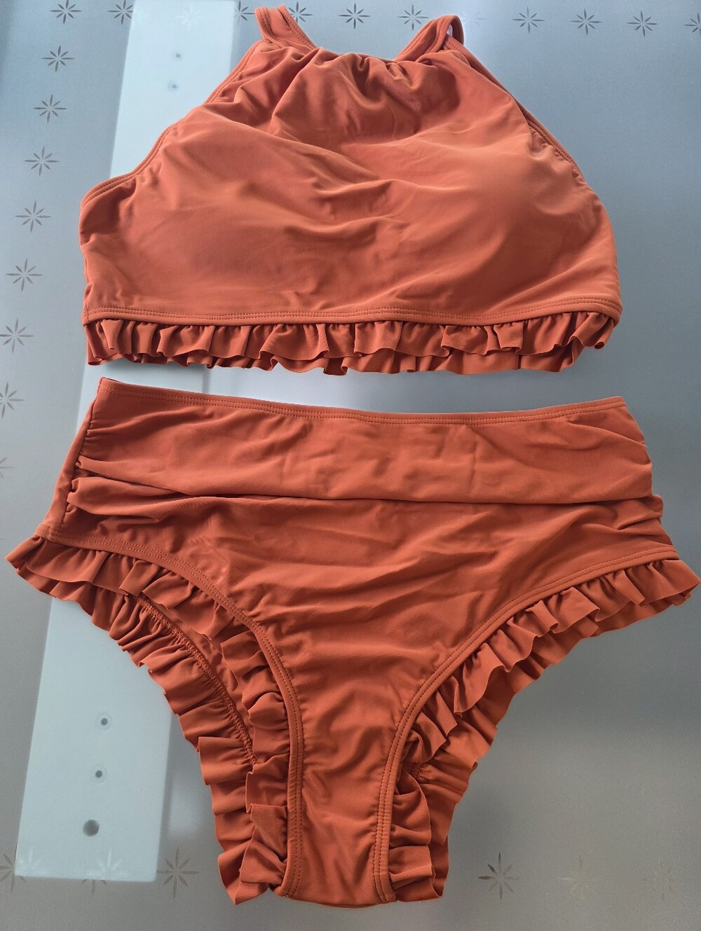 High-Neck Ruffle Bikini Set in Vibrant Orange - WOMANS SIXE XL - NEW